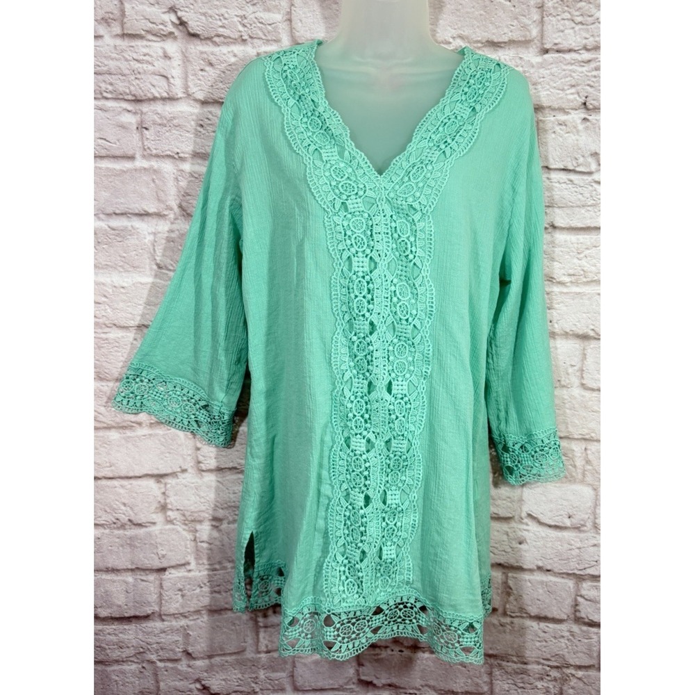 Isaac Mizrahi New York Medium Mint‎ Green Lace Trim Sheer Beach Cover Up Tunic
